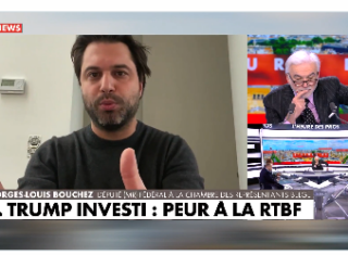 Georges-Louis Bouchez sur la chaîne d’extrême droite française C News le 23 janvier pour dénoncer le choix de la RTBF de ne pas diffuser en direct le discours d’investiture de Donald Trump.
